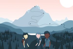 Graphic showing two PhD candidates and their supervisor with a mountain representing their shared journey in the background.