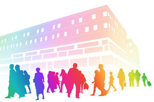 A rainbow silhouette illustration of multiple people outside a hospital building