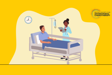 A cartoon patient in a hospital bed next to a healthcare professional.